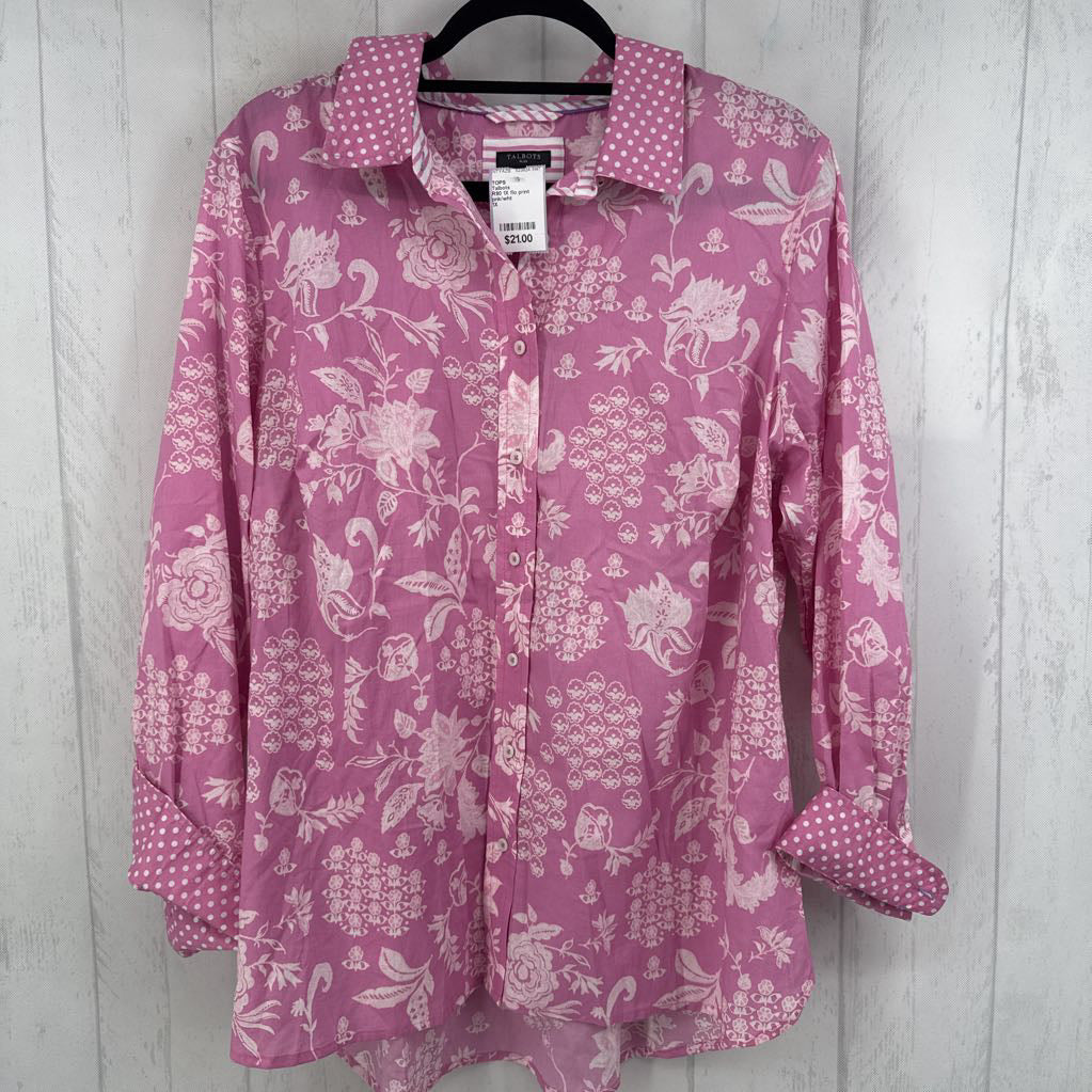 R90 1X flo print button down l/s top