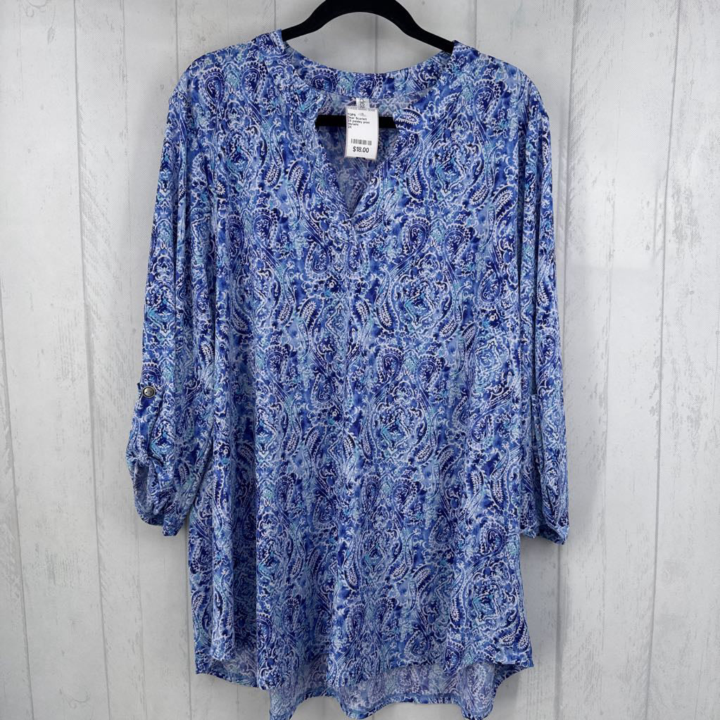 2X paisley print split neck l/s top