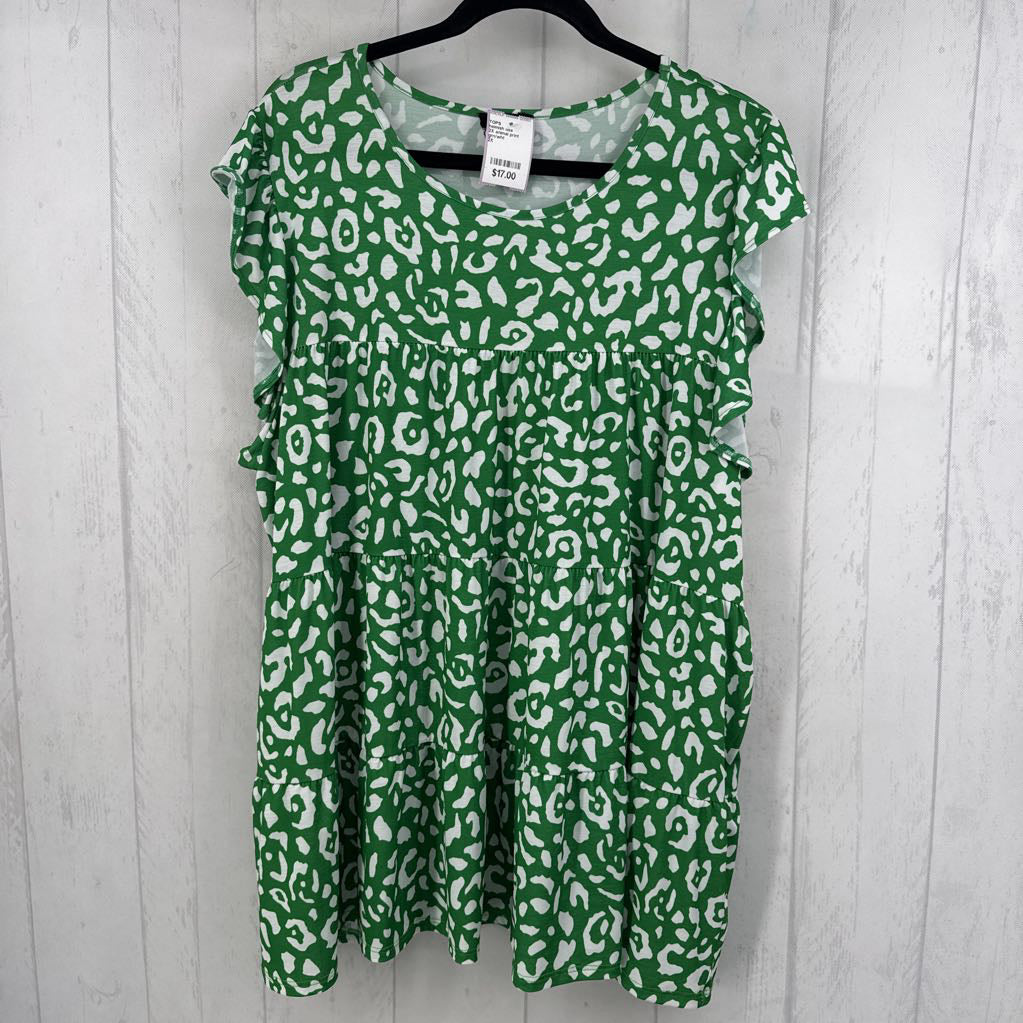 2X animal print tiered flutter slv top