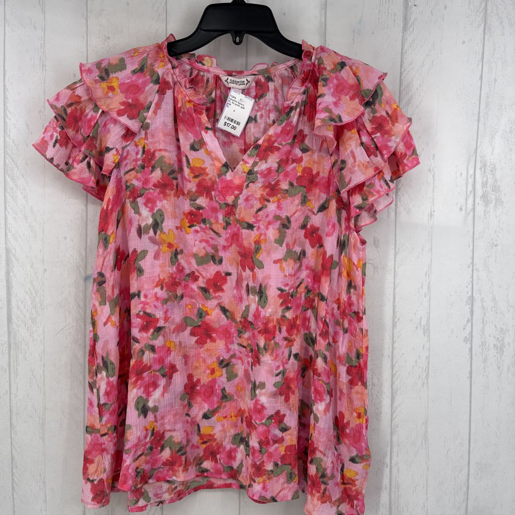 XL flo print split neck ruffled slv top