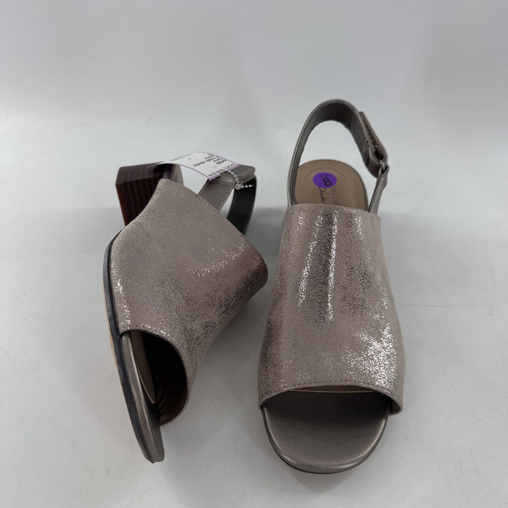 8 metallic shimmer block heel sling back sandalls