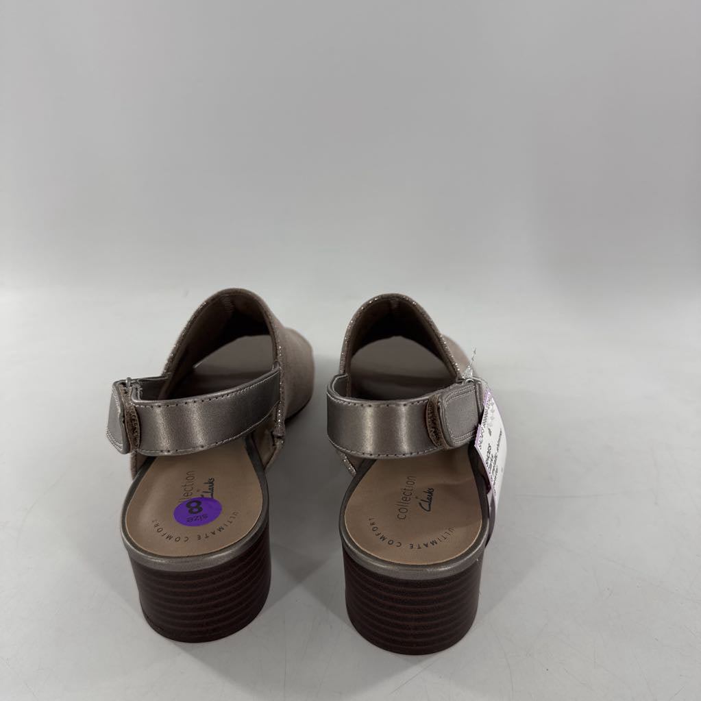 8 metallic shimmer block heel sling back sandalls