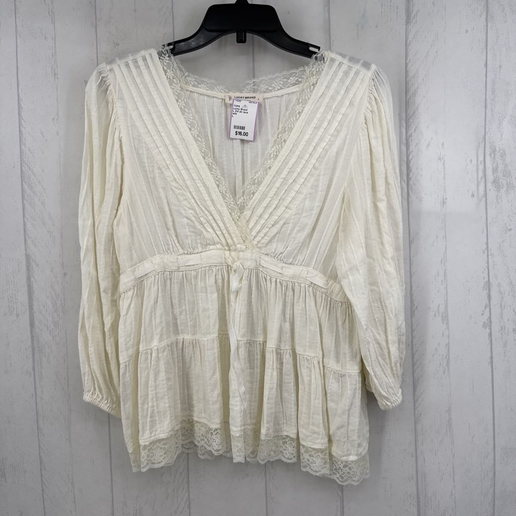 L 3/4 slv lace pleated drawstring top