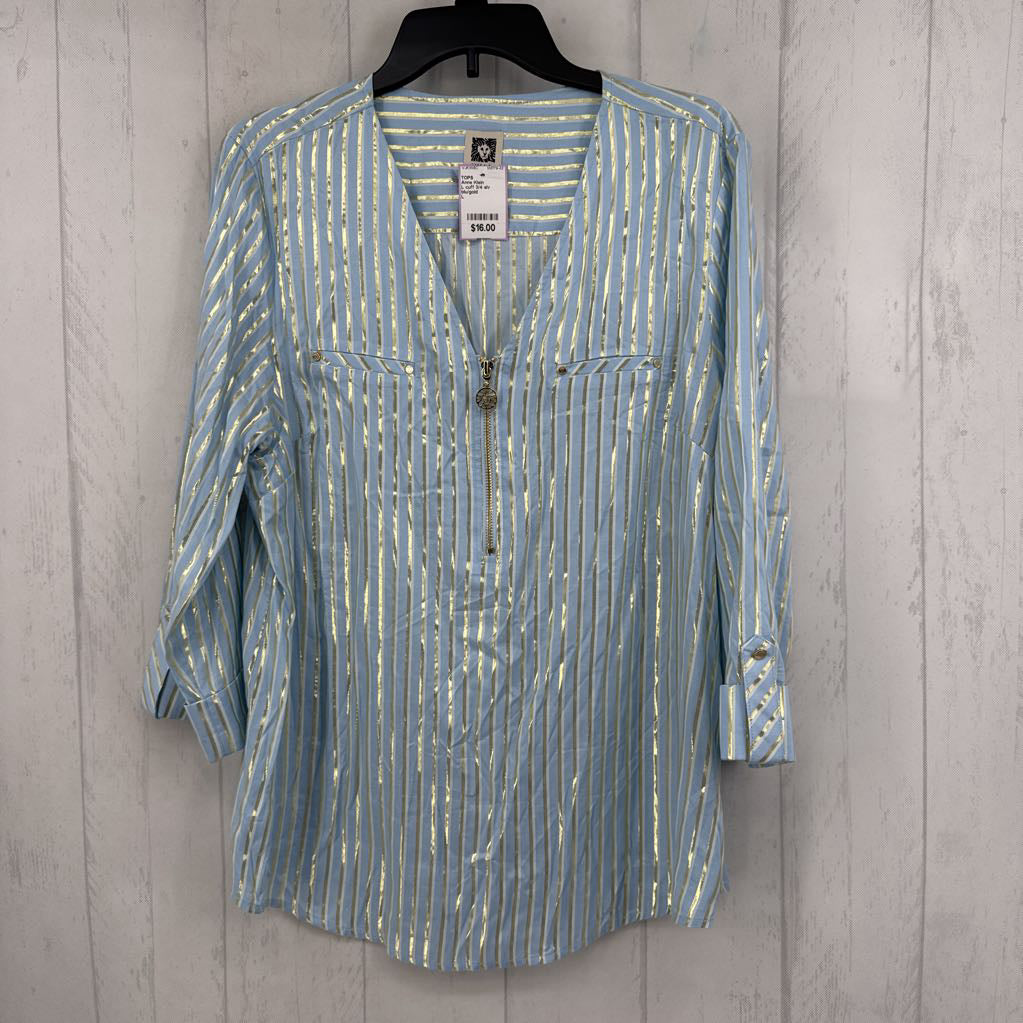 L cuff 3/4 slv shimmer stripe quarter zip top