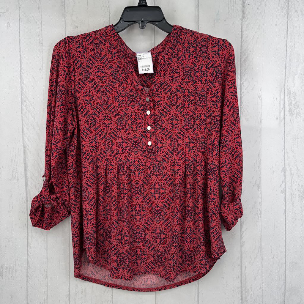 XL print pleated tab slv half button top
