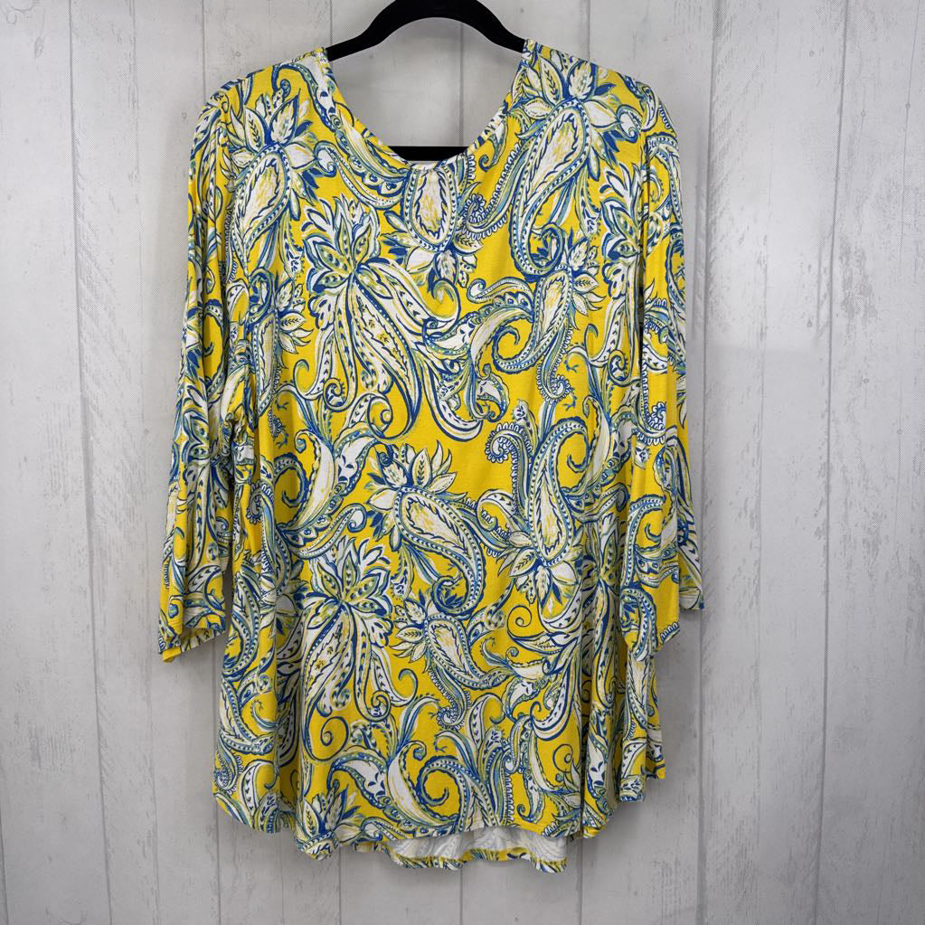1X paisley print smocked 3/4 slv top
