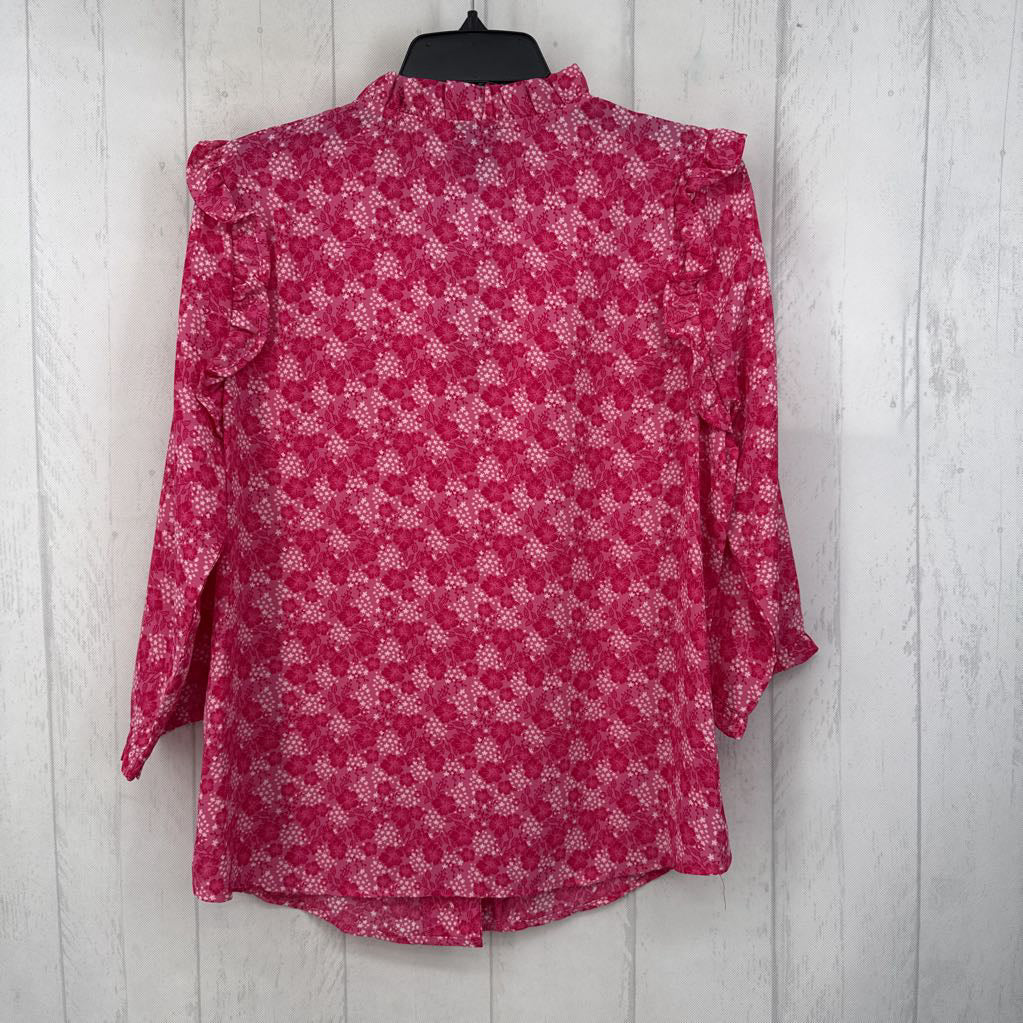 L flo print button down elbow slv top