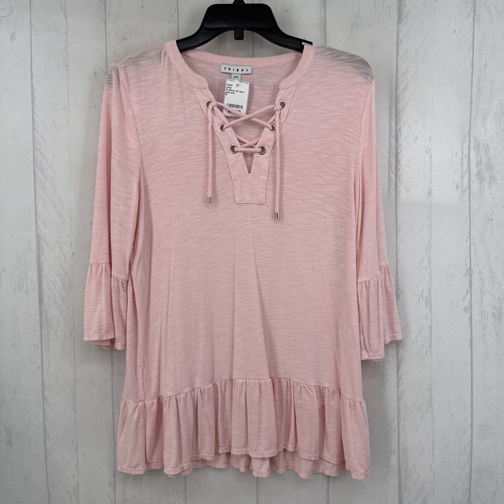 M elbow slv lace up ruffle hem top