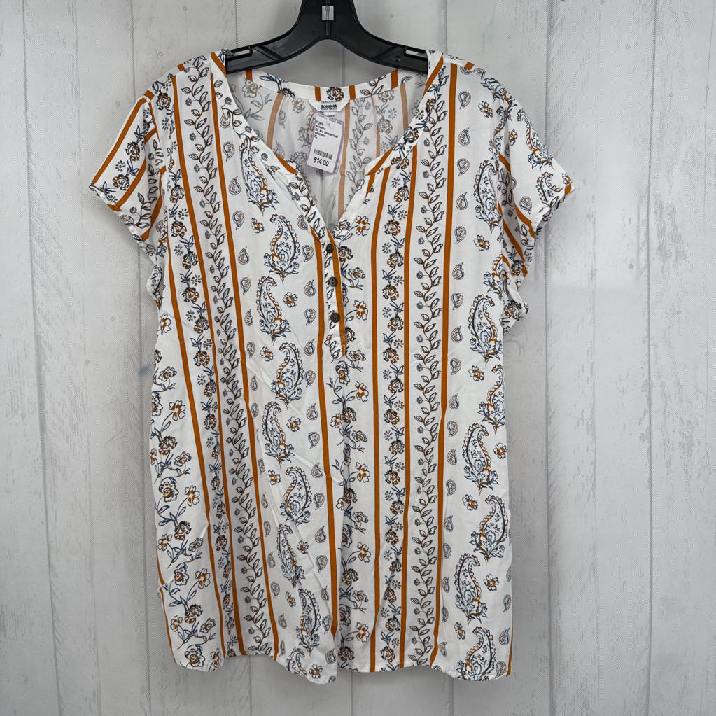XL s/s flower/leaf print half button top