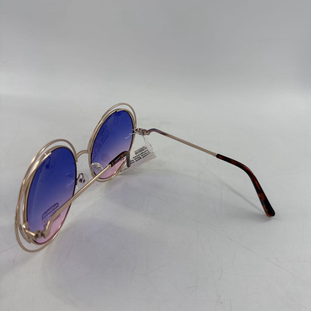 round gold metal frame blue lens sunglasses