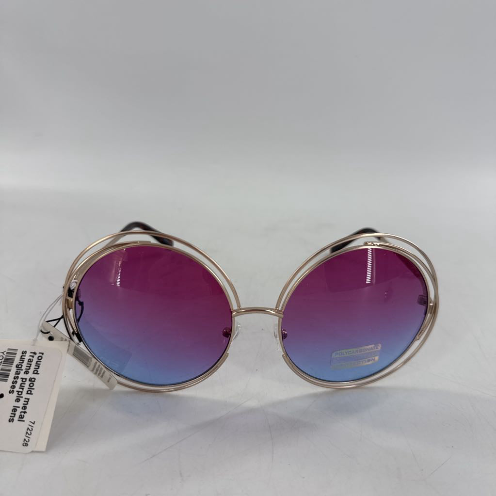 round gold metal frame purple lens sunglasses