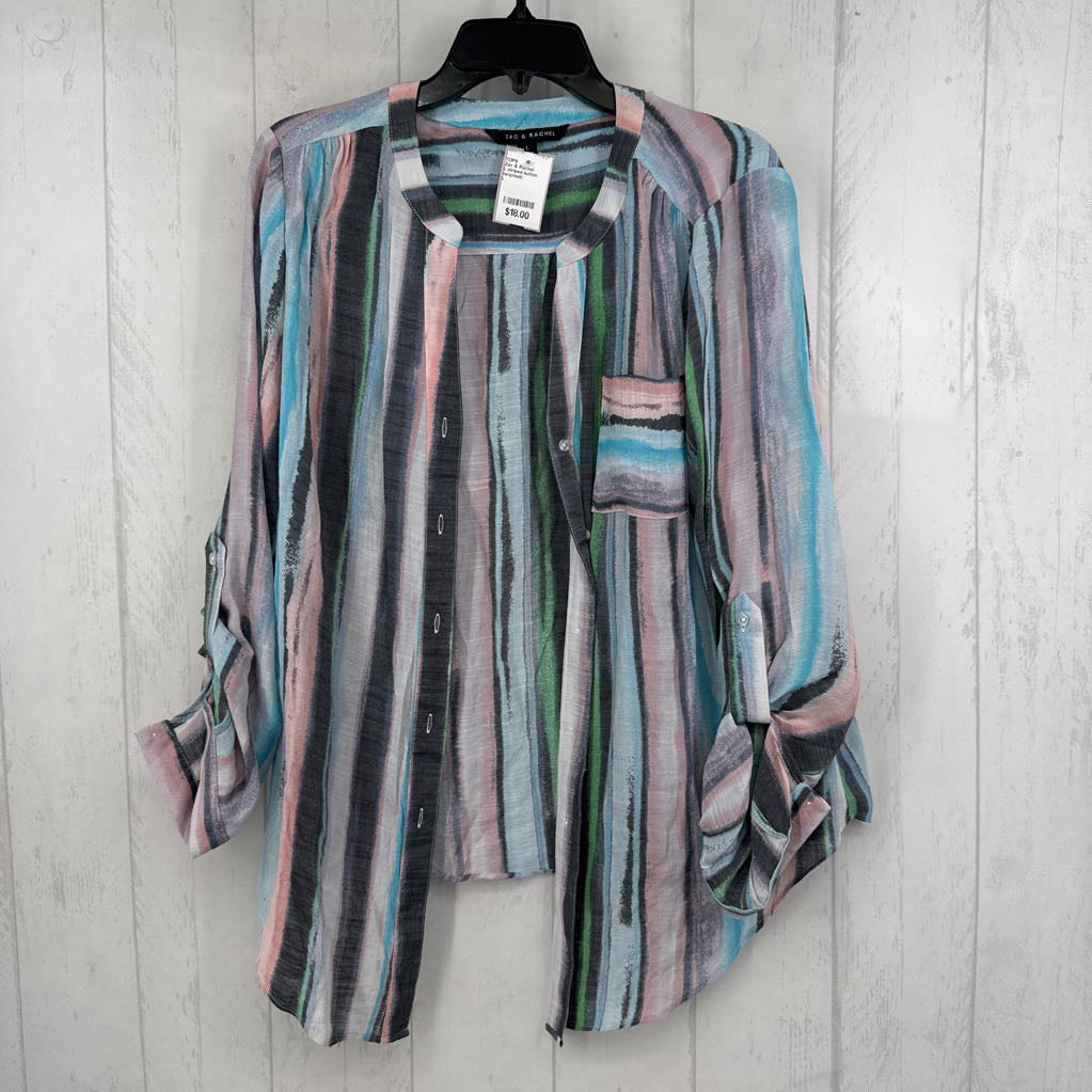 L striped button down tab slv top