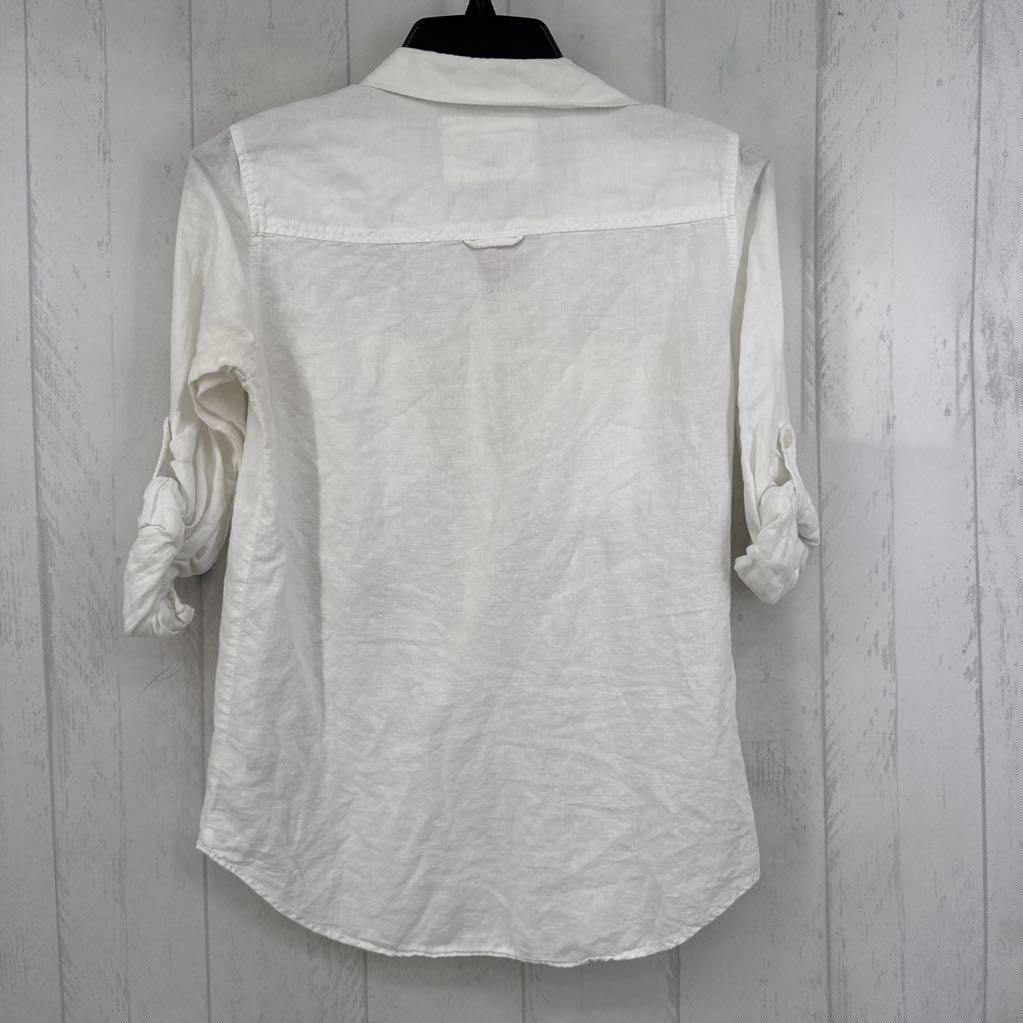 XS linen blend button down tab slv top