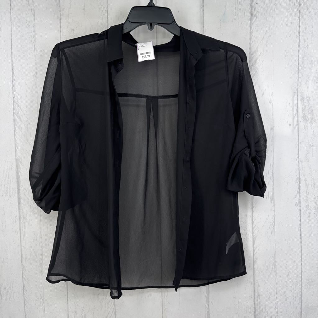 S semi-sheer button down tab slv top