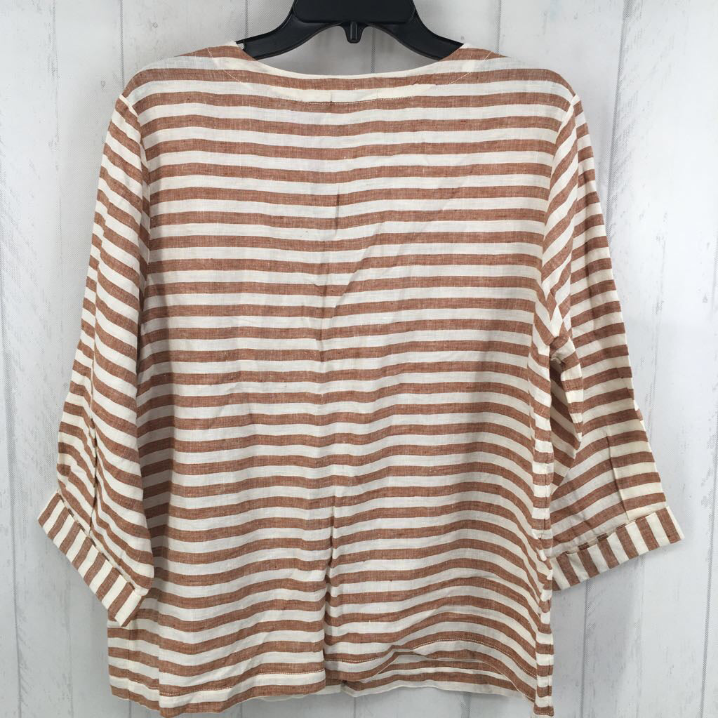 L linen striped button down l/s top
