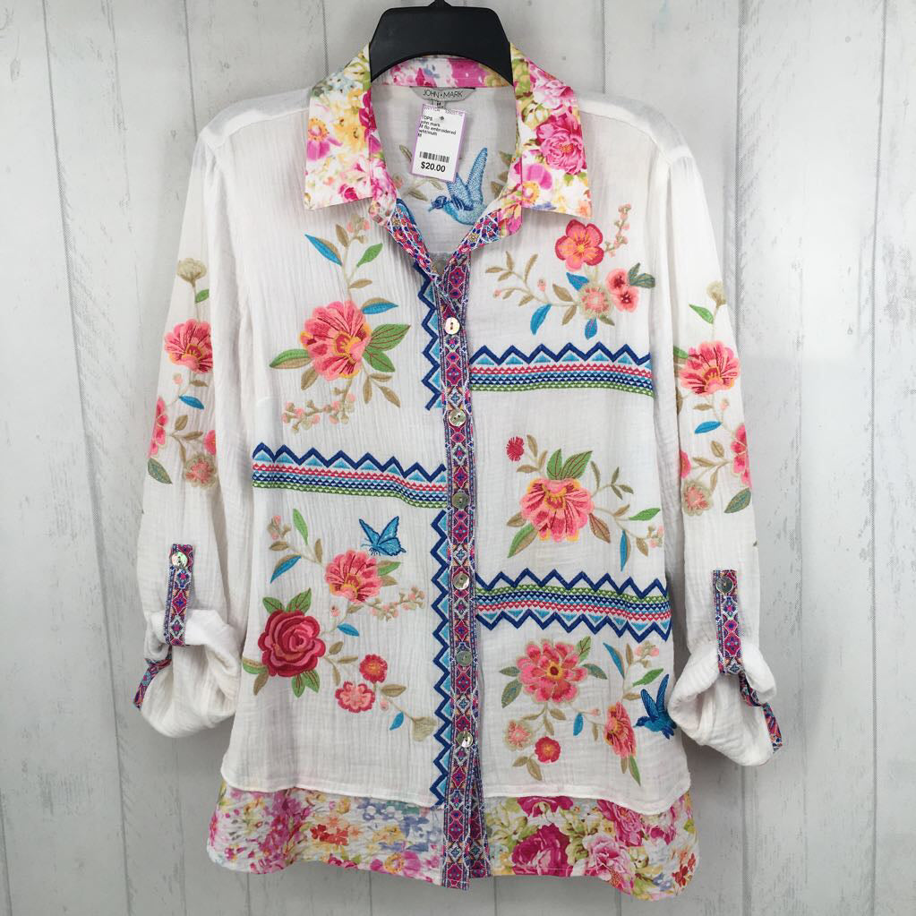 M flo embroidered button down l/s top