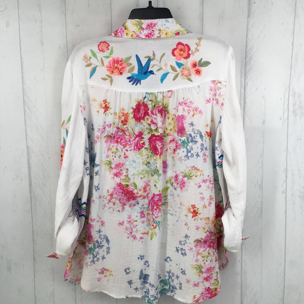 M flo embroidered button down l/s top
