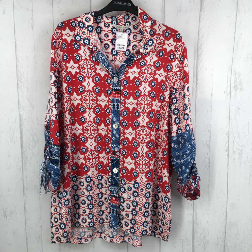 M flo print button down ruched l/s top