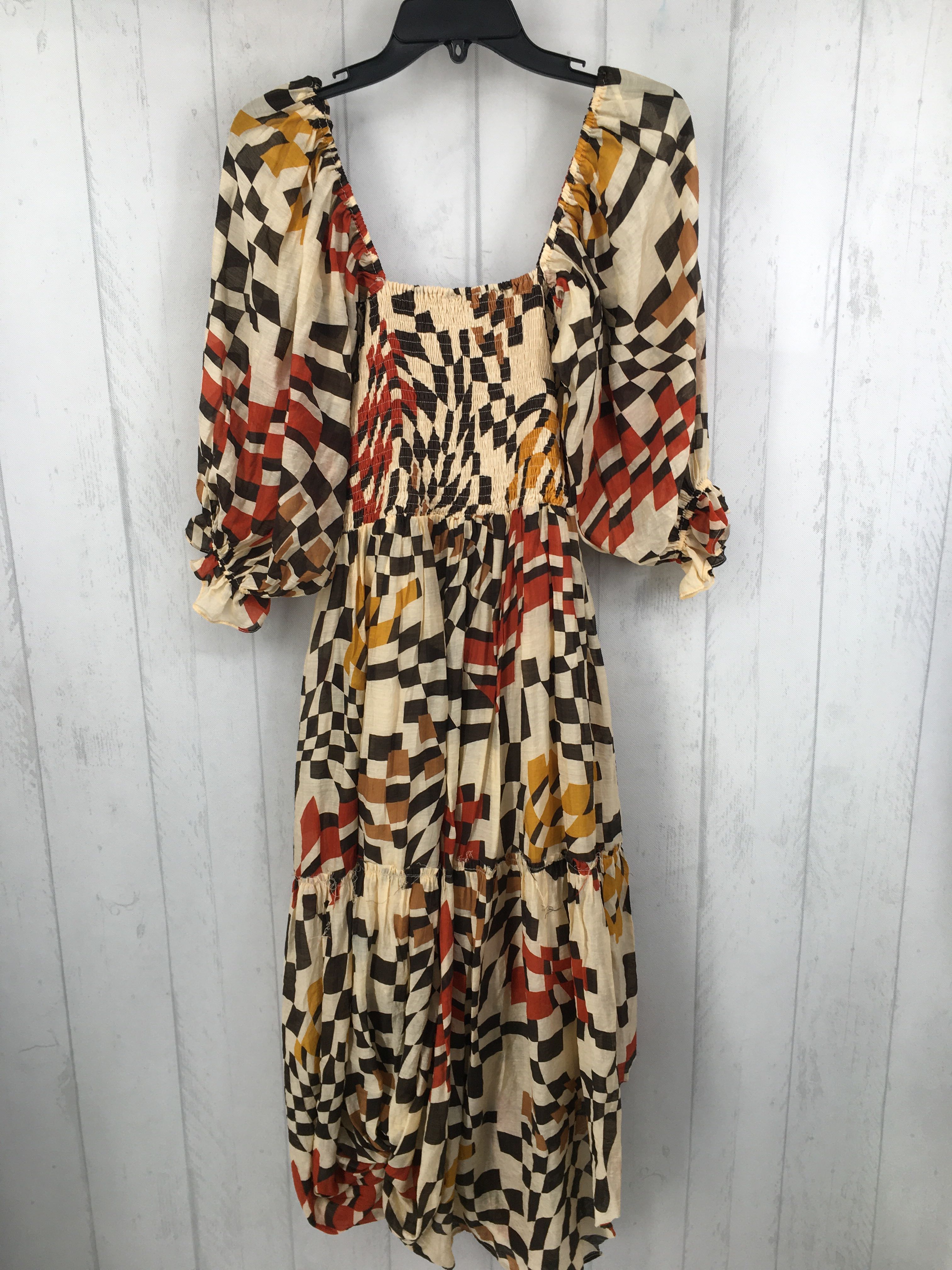 S colorful smocked 3/4 slv dress