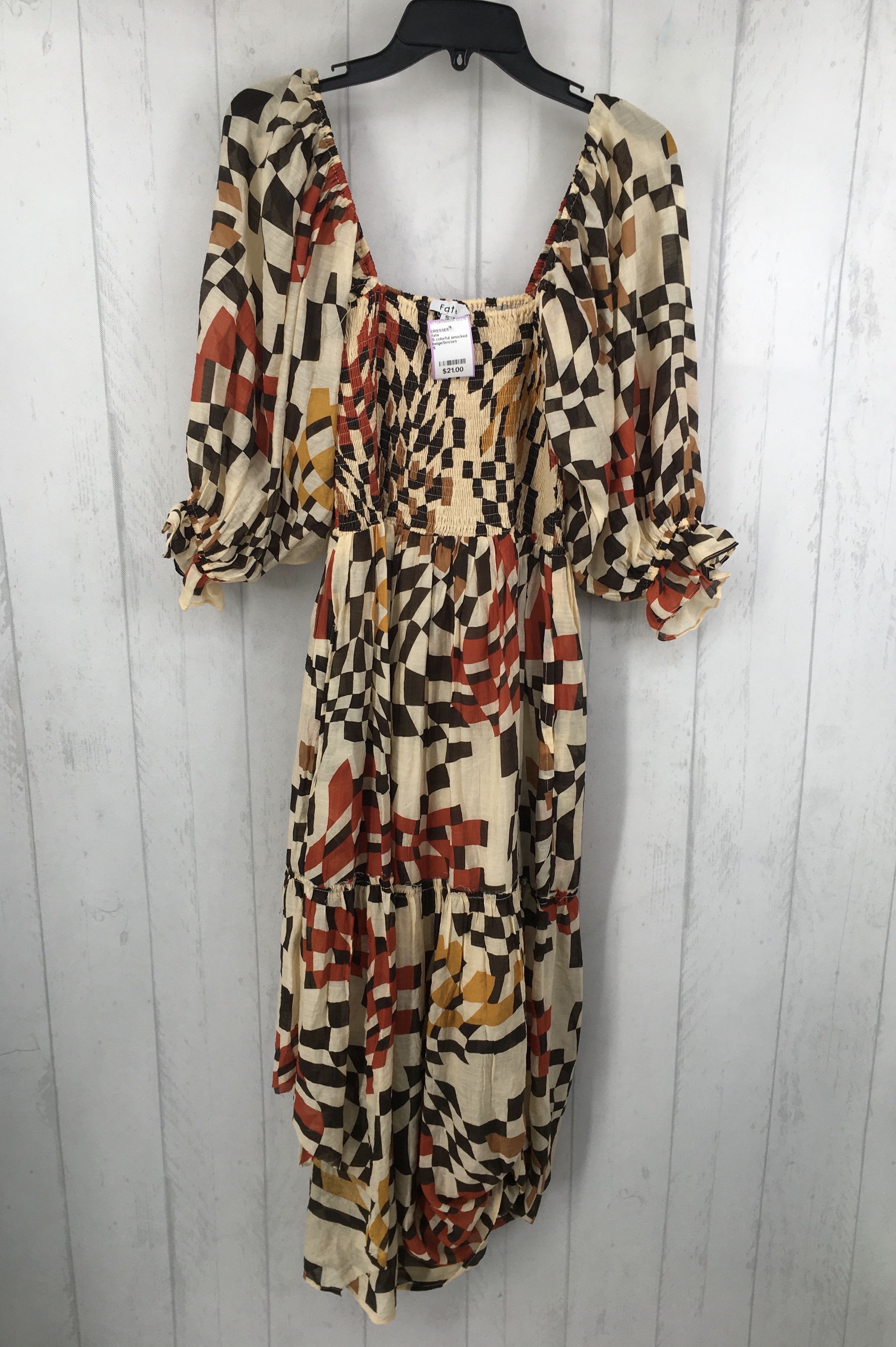 S colorful smocked 3/4 slv dress