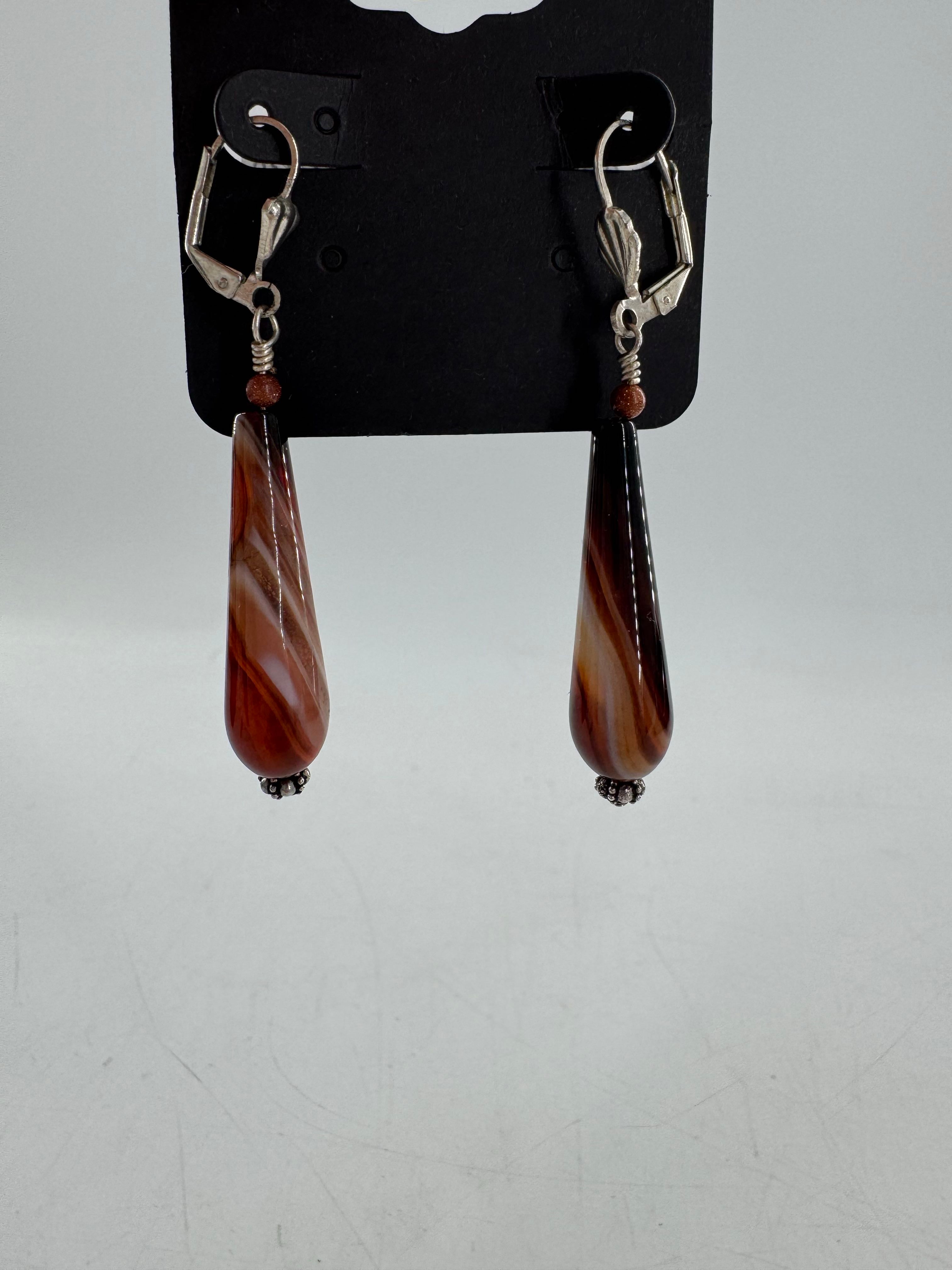 brown & white stone drop earrings