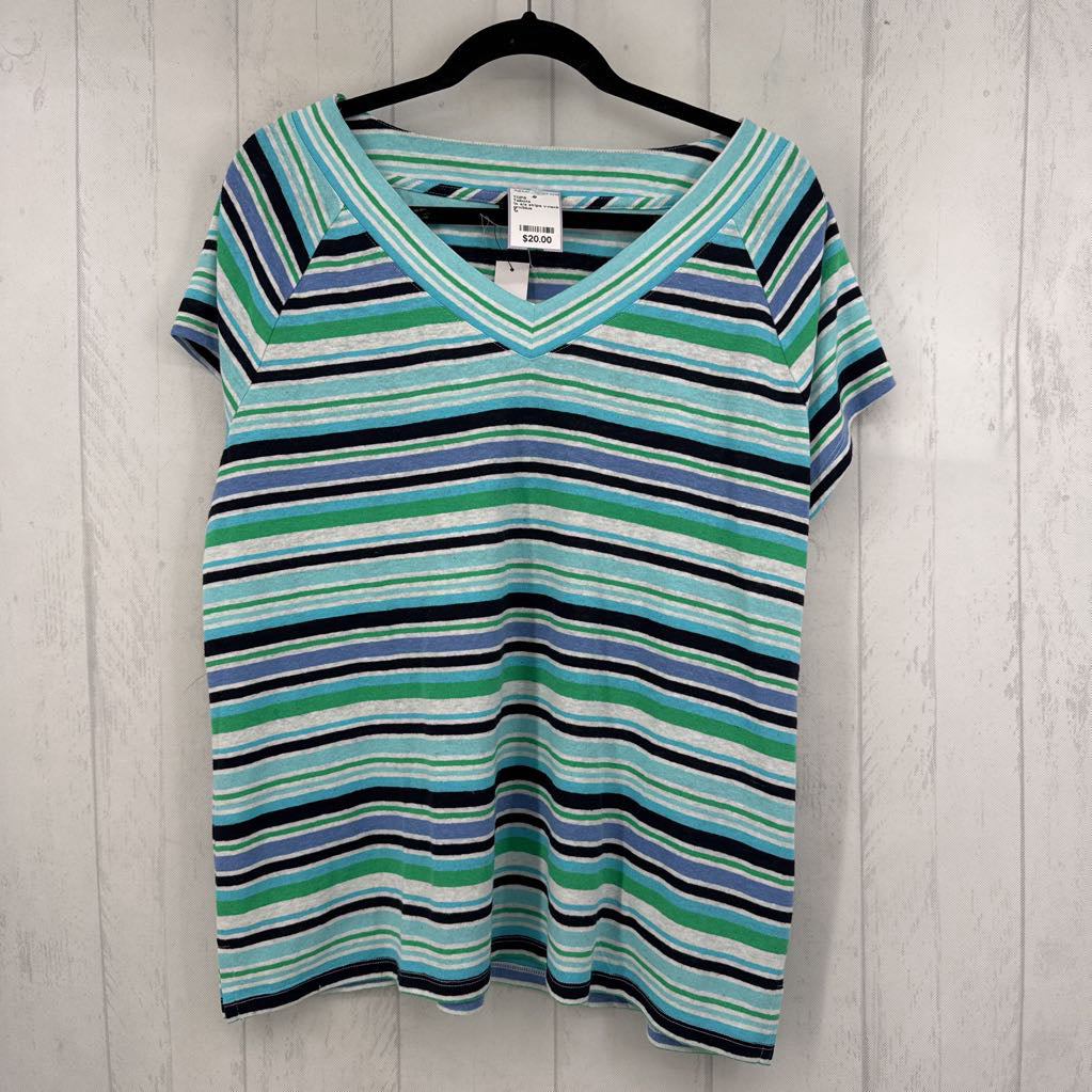 1x s/s stripe v-neck linen blend top