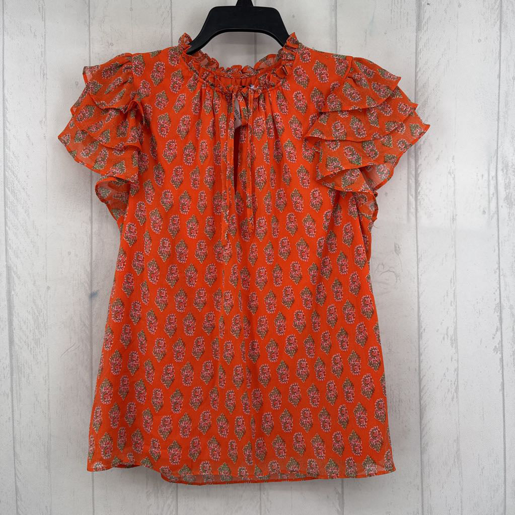L flo print tie front s/s top