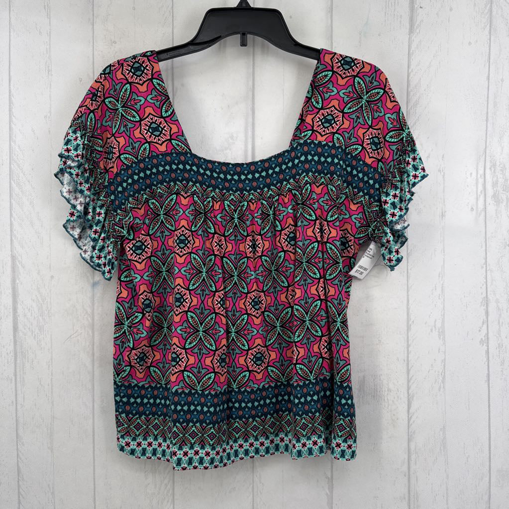 M printed bow back ruffled s/s top