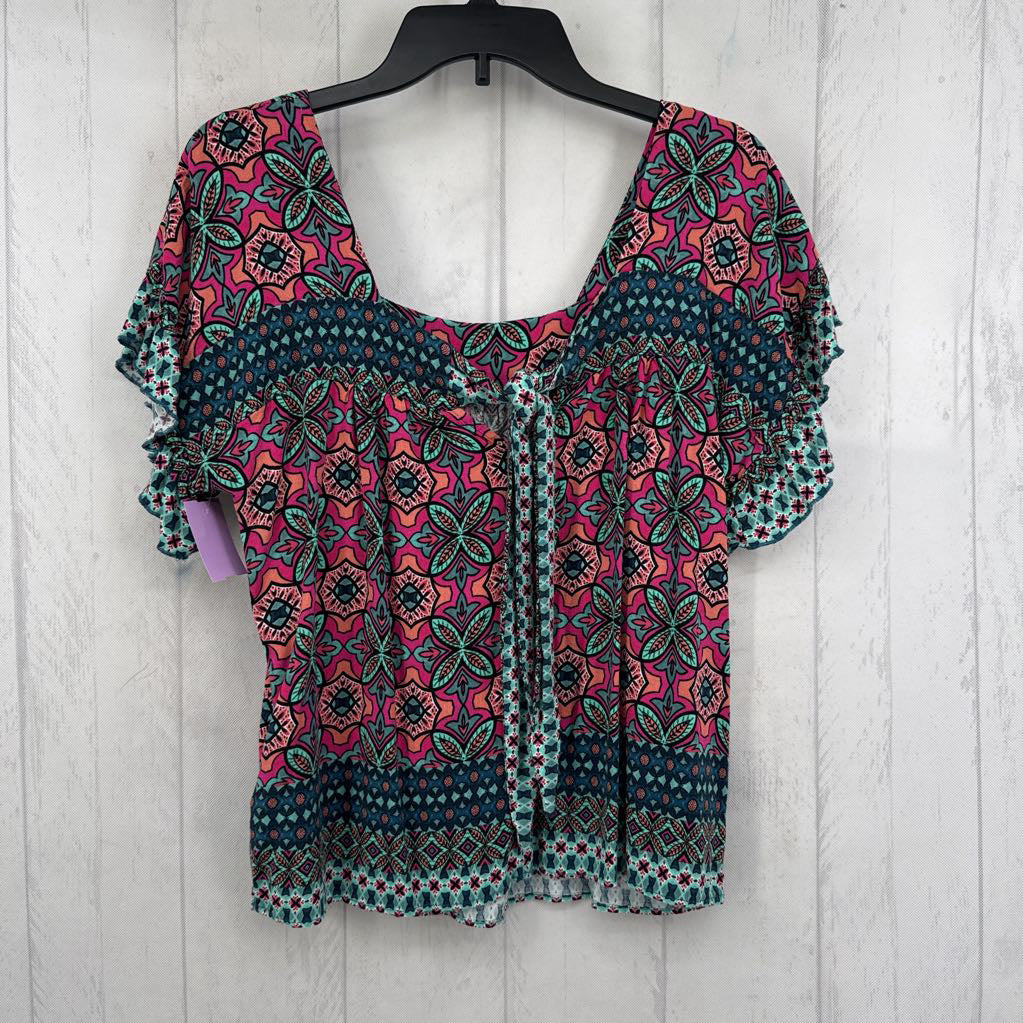 M printed bow back ruffled s/s top