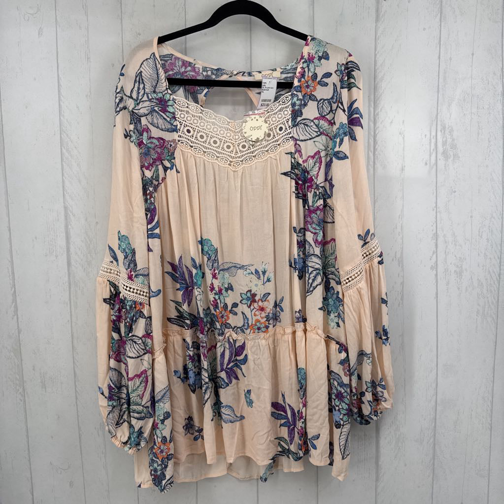 1XL flo print lace detail l/s flowy top