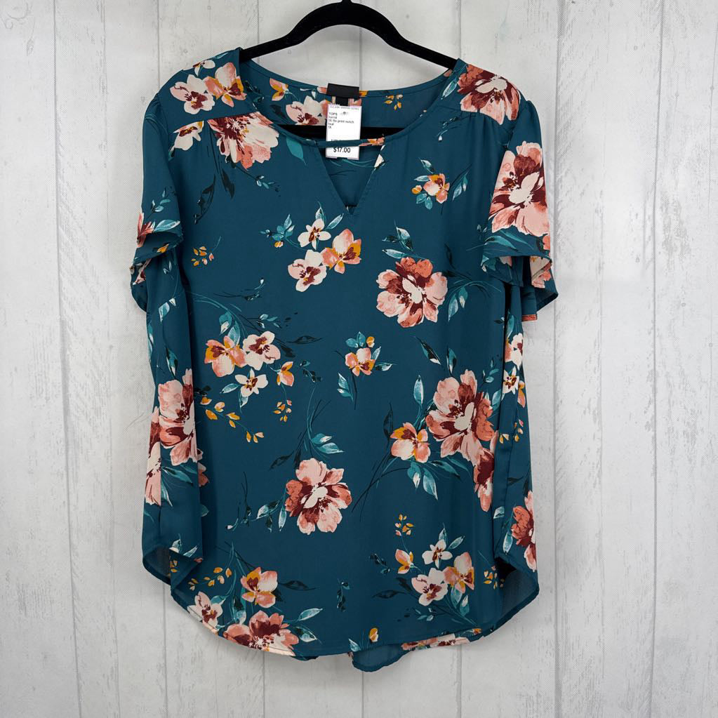 1X flo print notch neck s/s top