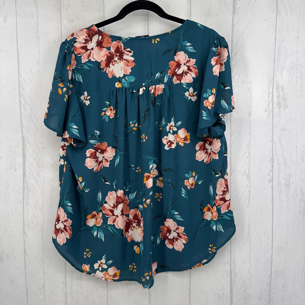 1X flo print notch neck s/s top