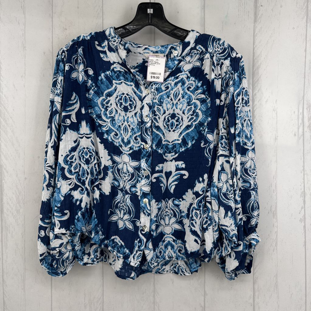 S damask print button down 3/4 slv top