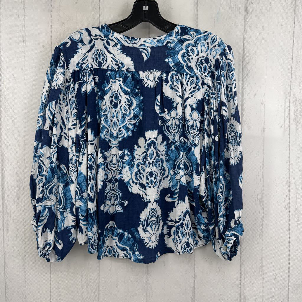S damask print button down 3/4 slv top
