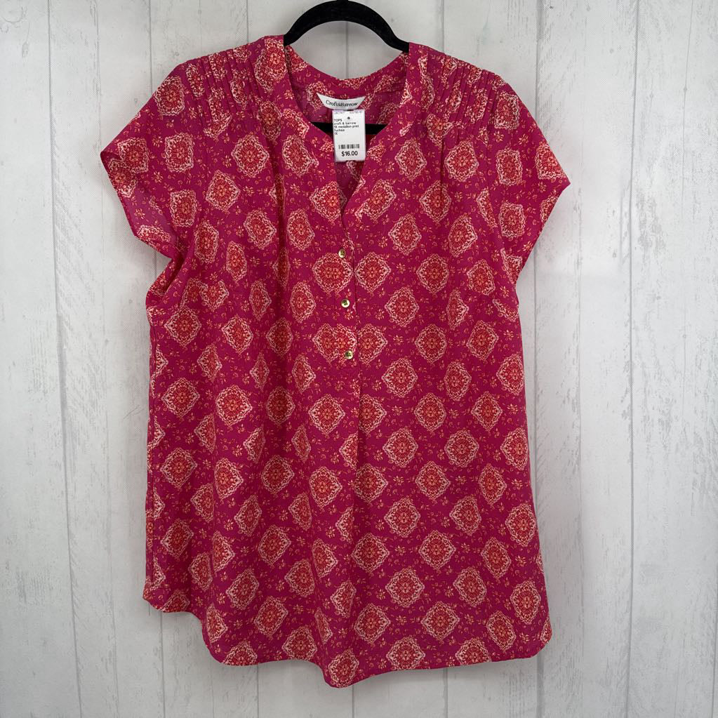 1X medallion print button down s/s top