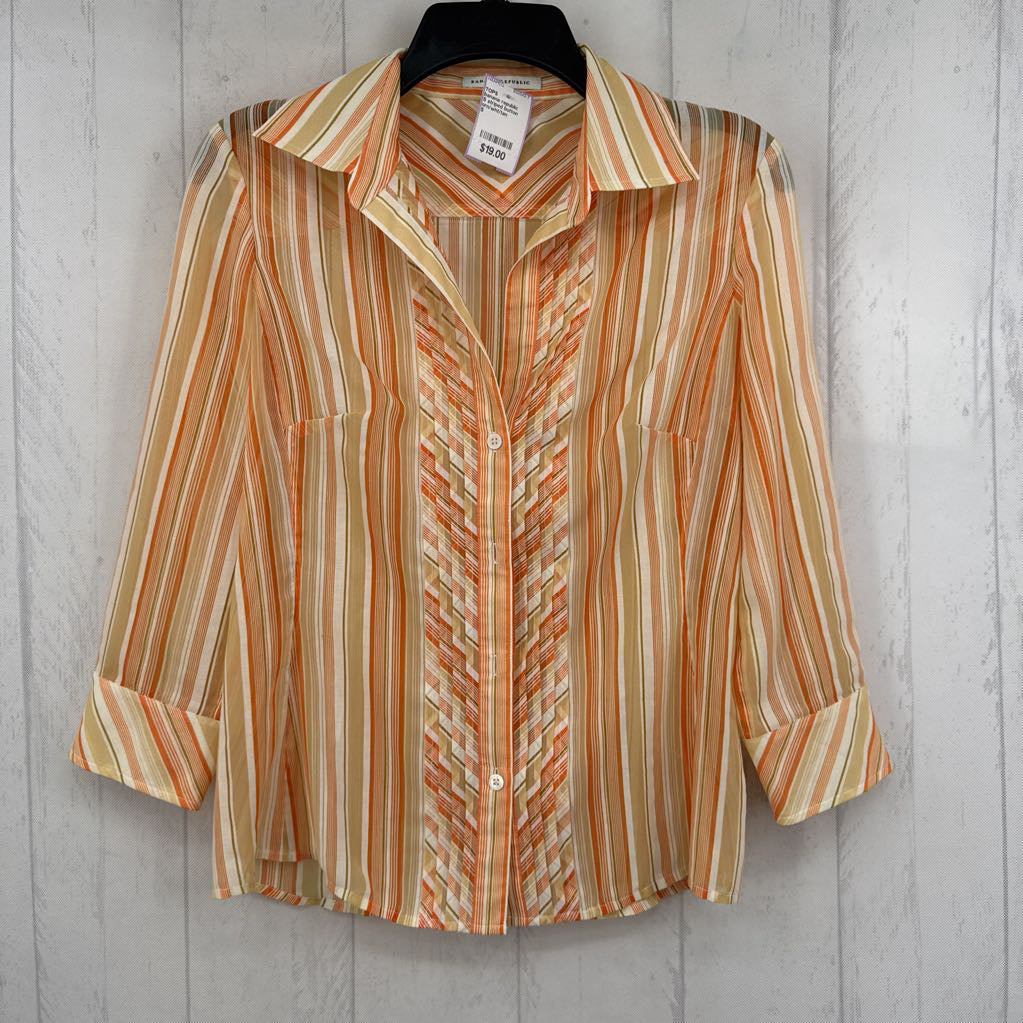 S striped button down 3/4 slv top