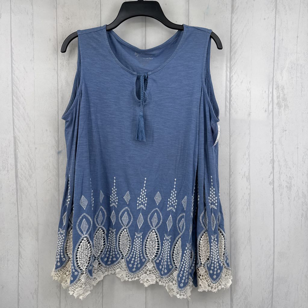 XL embroidered tassel tie cold shoulder top