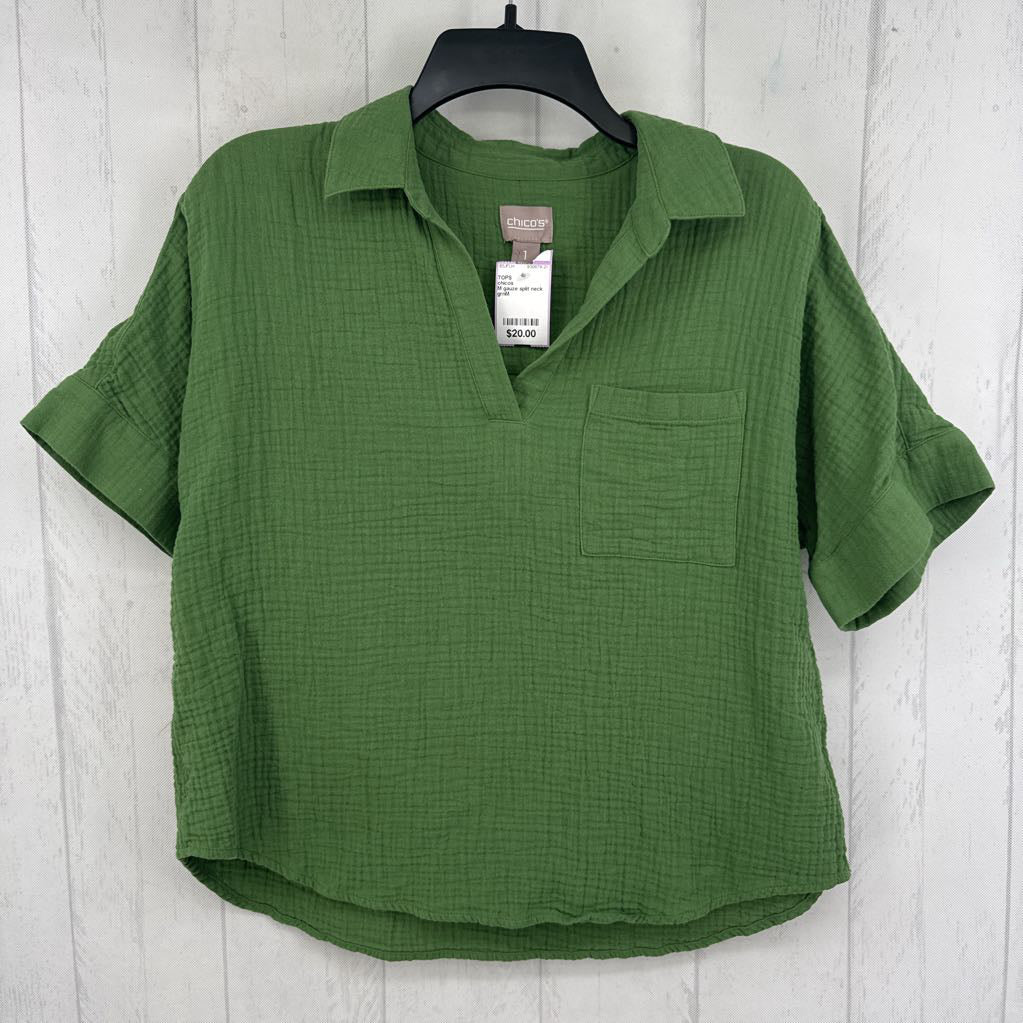 M gauze split neck s/s top