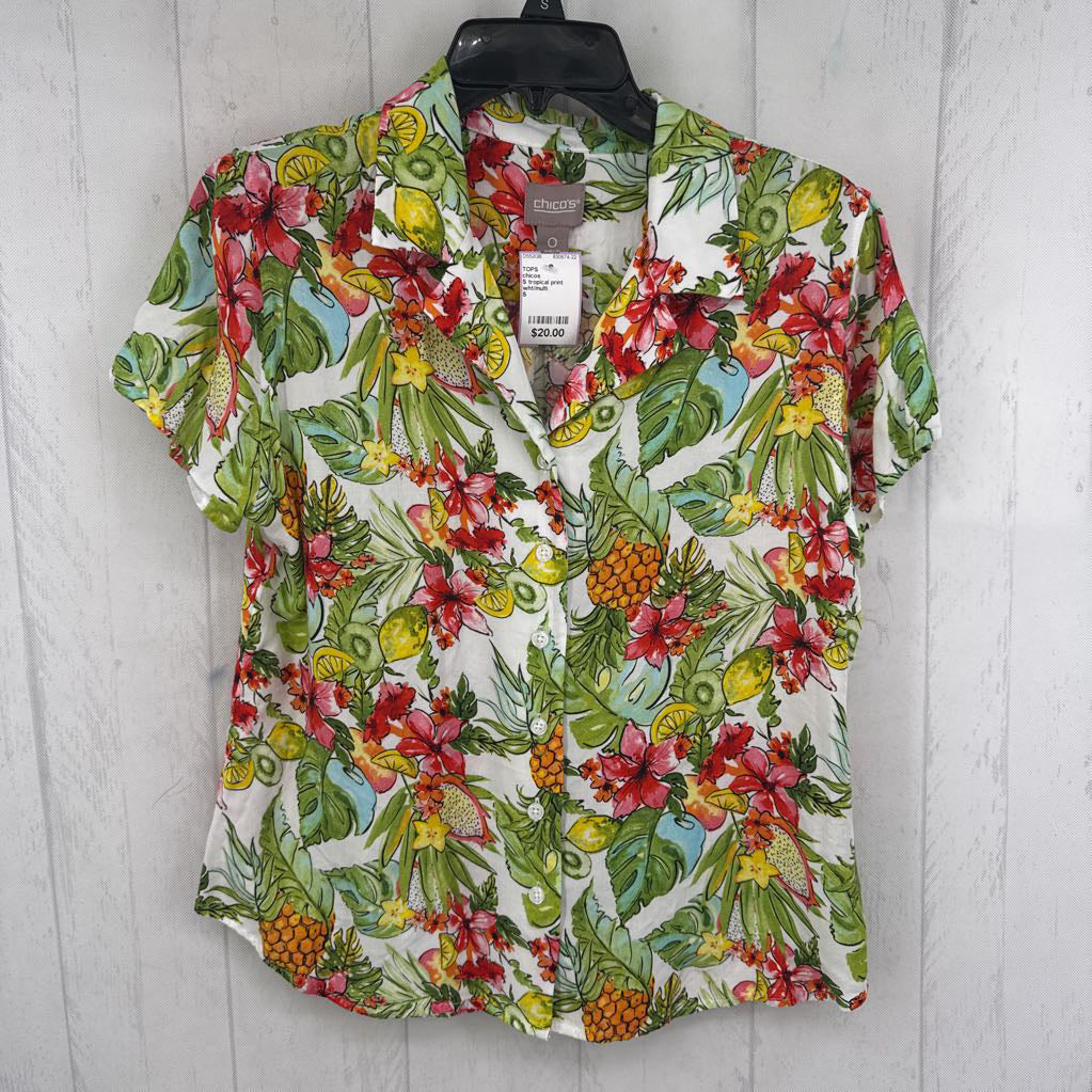 S tropical print button down s/s top