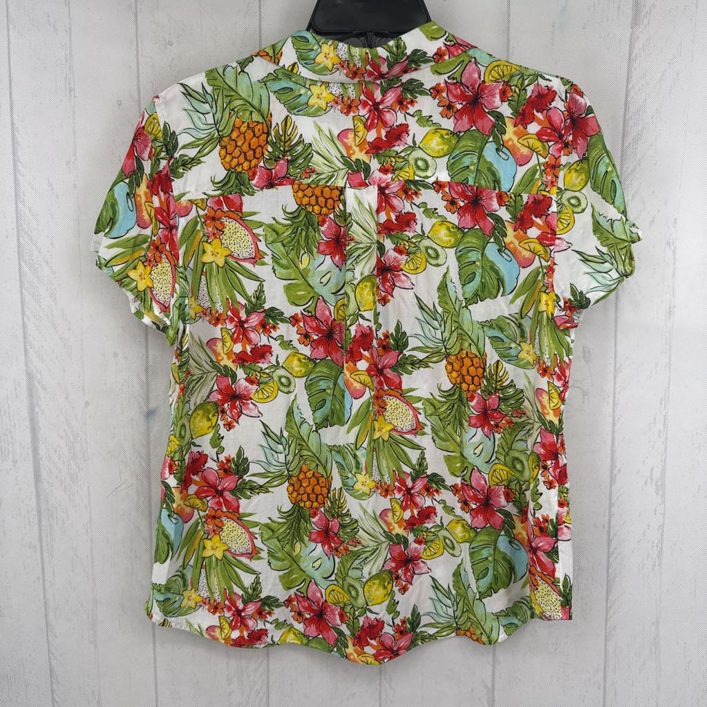 S tropical print button down s/s top