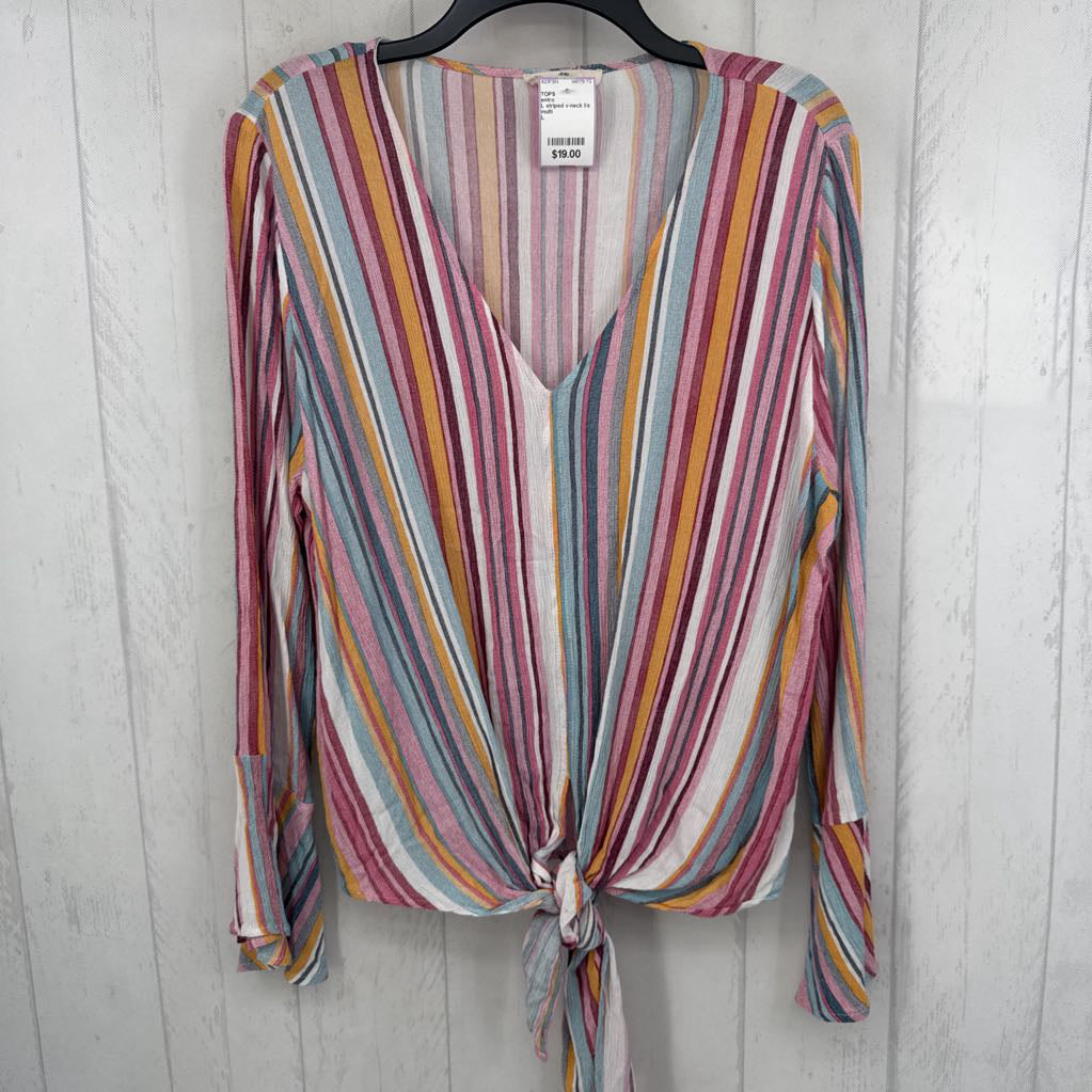 L striped v-neck l/s top
