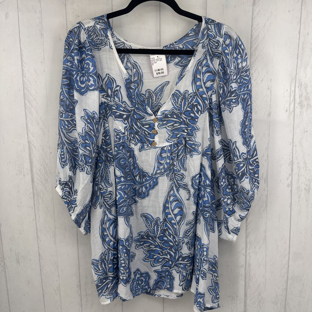 2X flo print split neck drop shoulder top