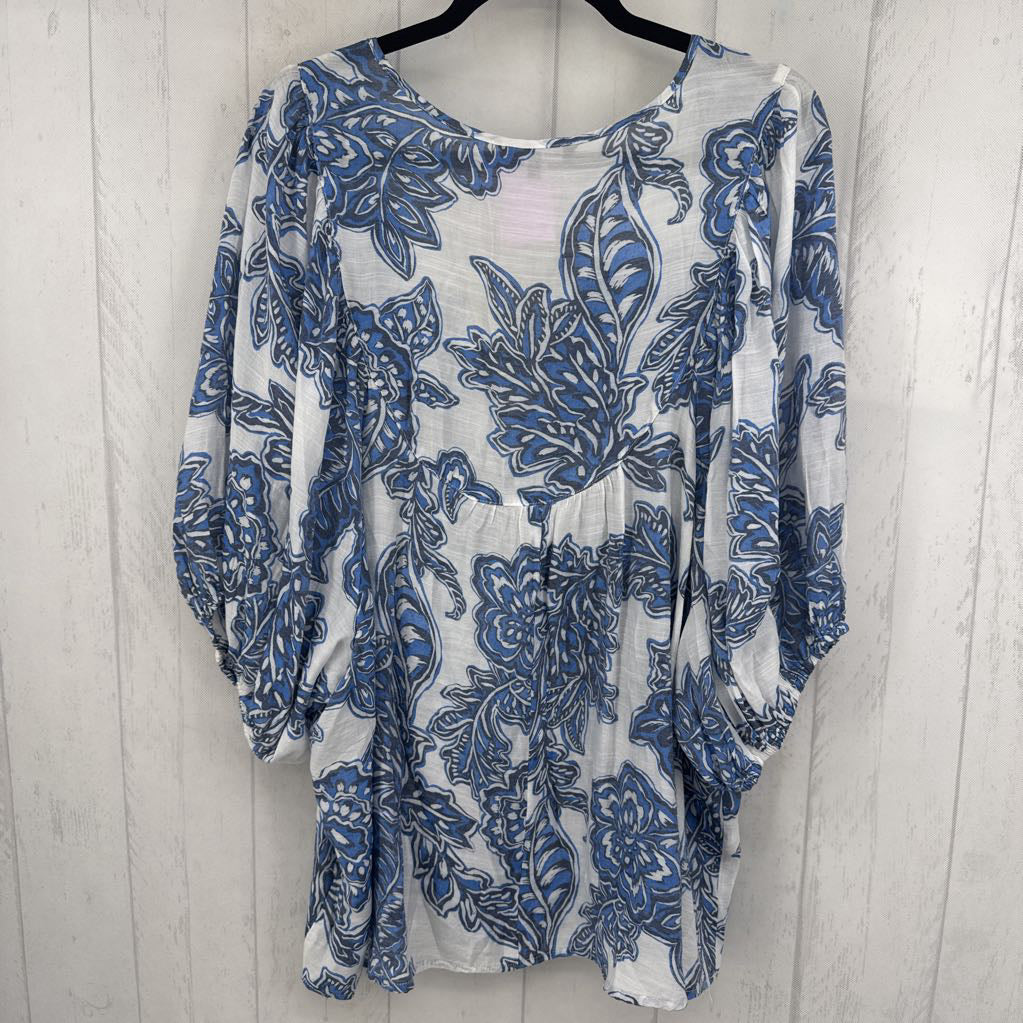 2X flo print split neck drop shoulder top
