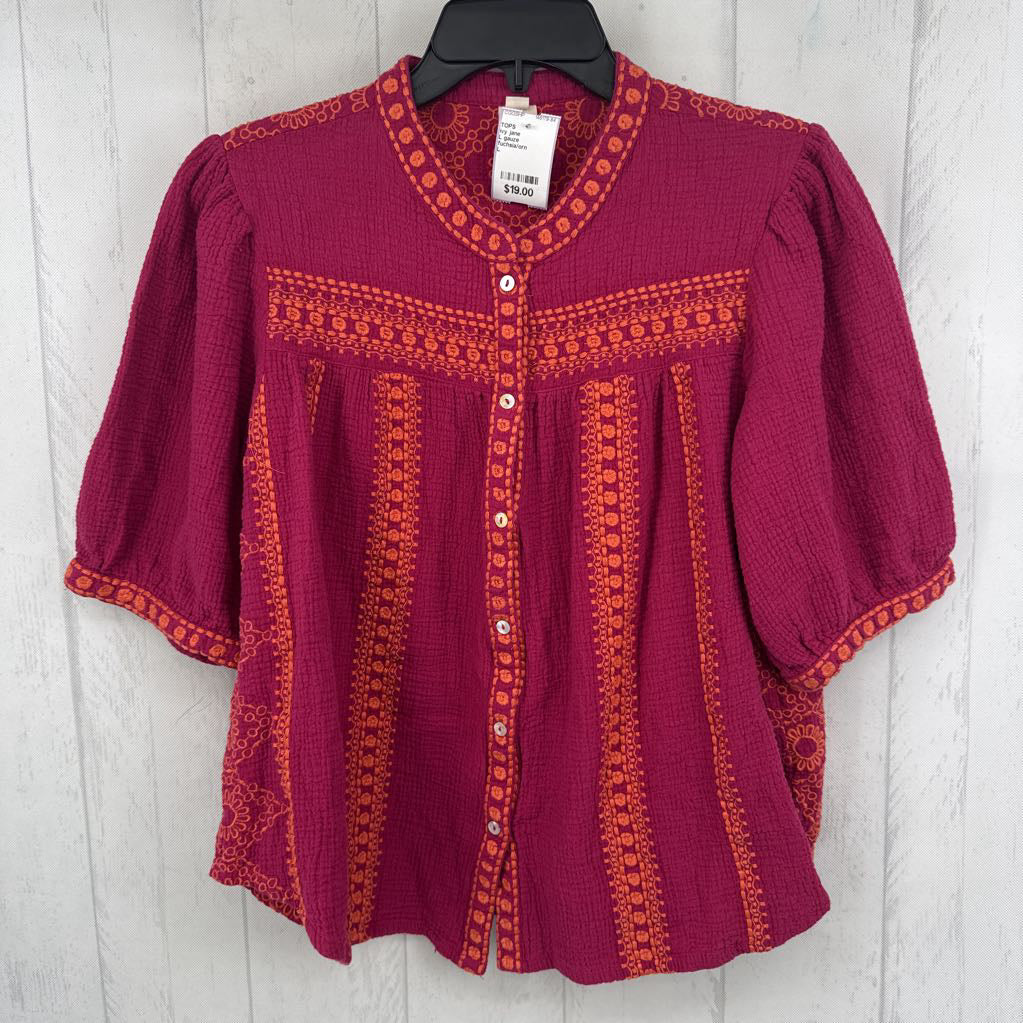 L gauze embroidered button down s/s top
