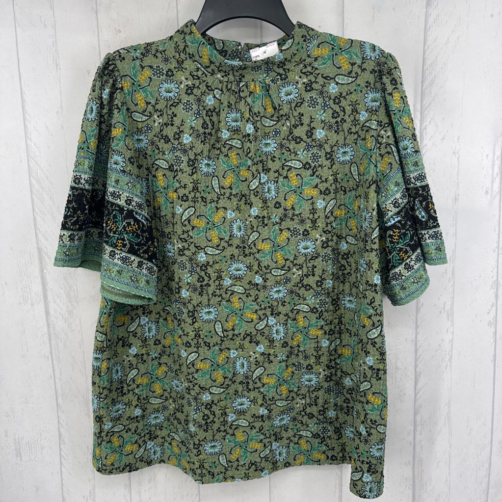 L textured flo print mockneck s/s top