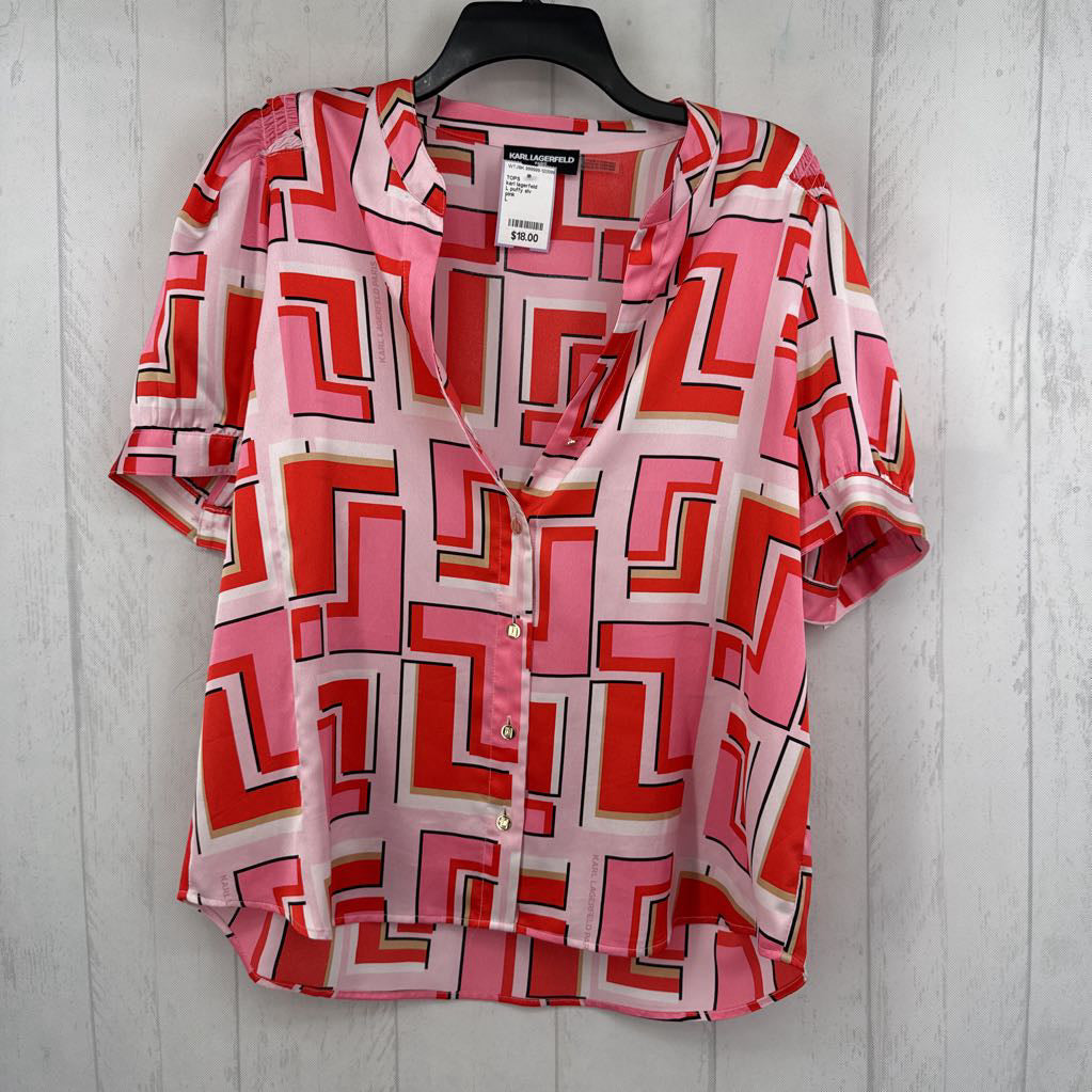 L puffy slv geometric print button shirt