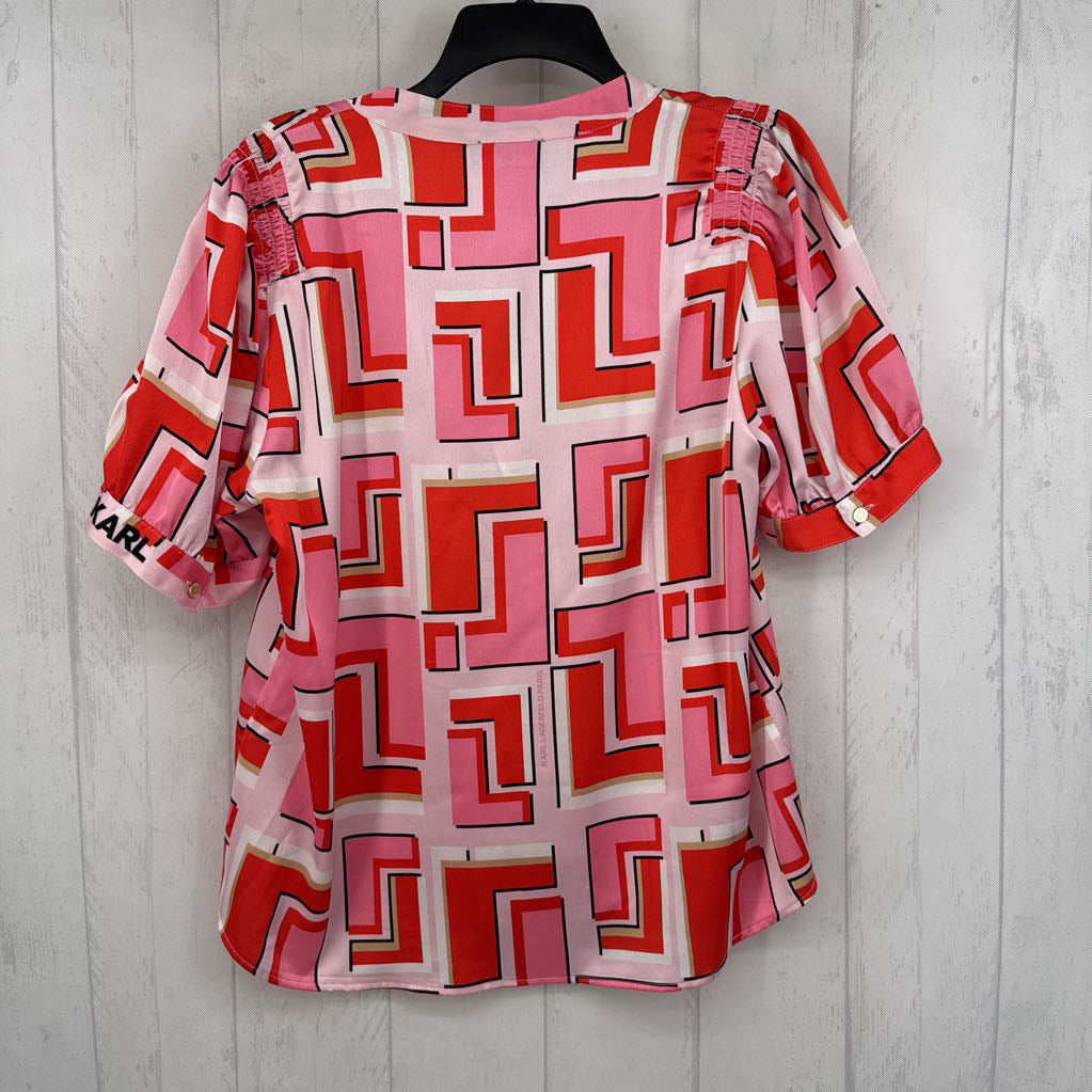 L puffy slv geometric print button shirt