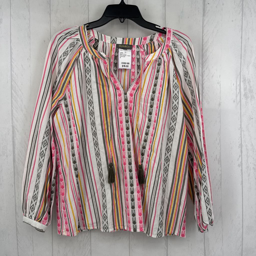 M l/s stripe v-neck top