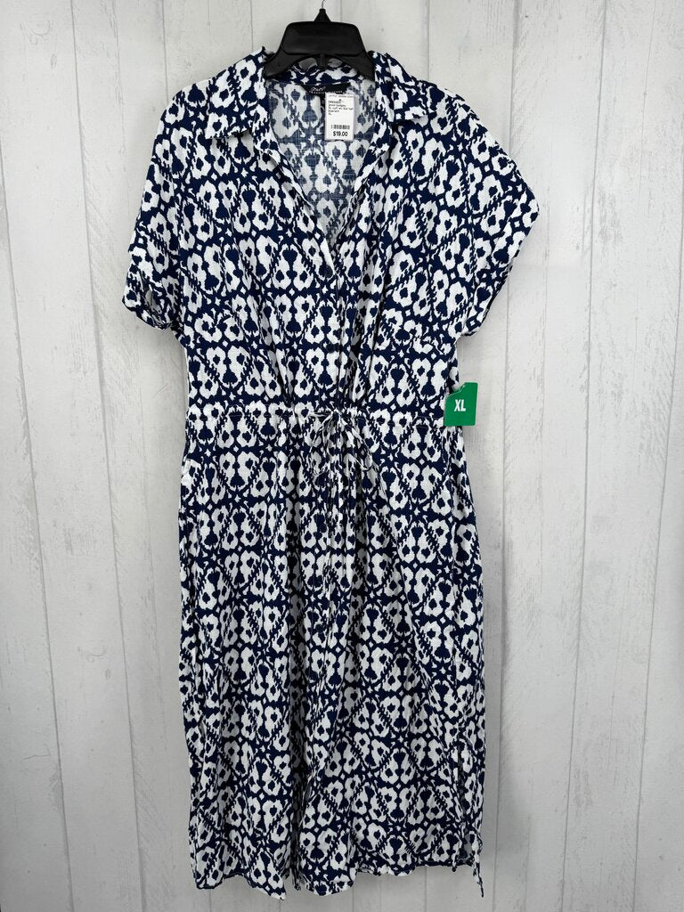 XL cuff slv ikat half button drawstring maxi dress