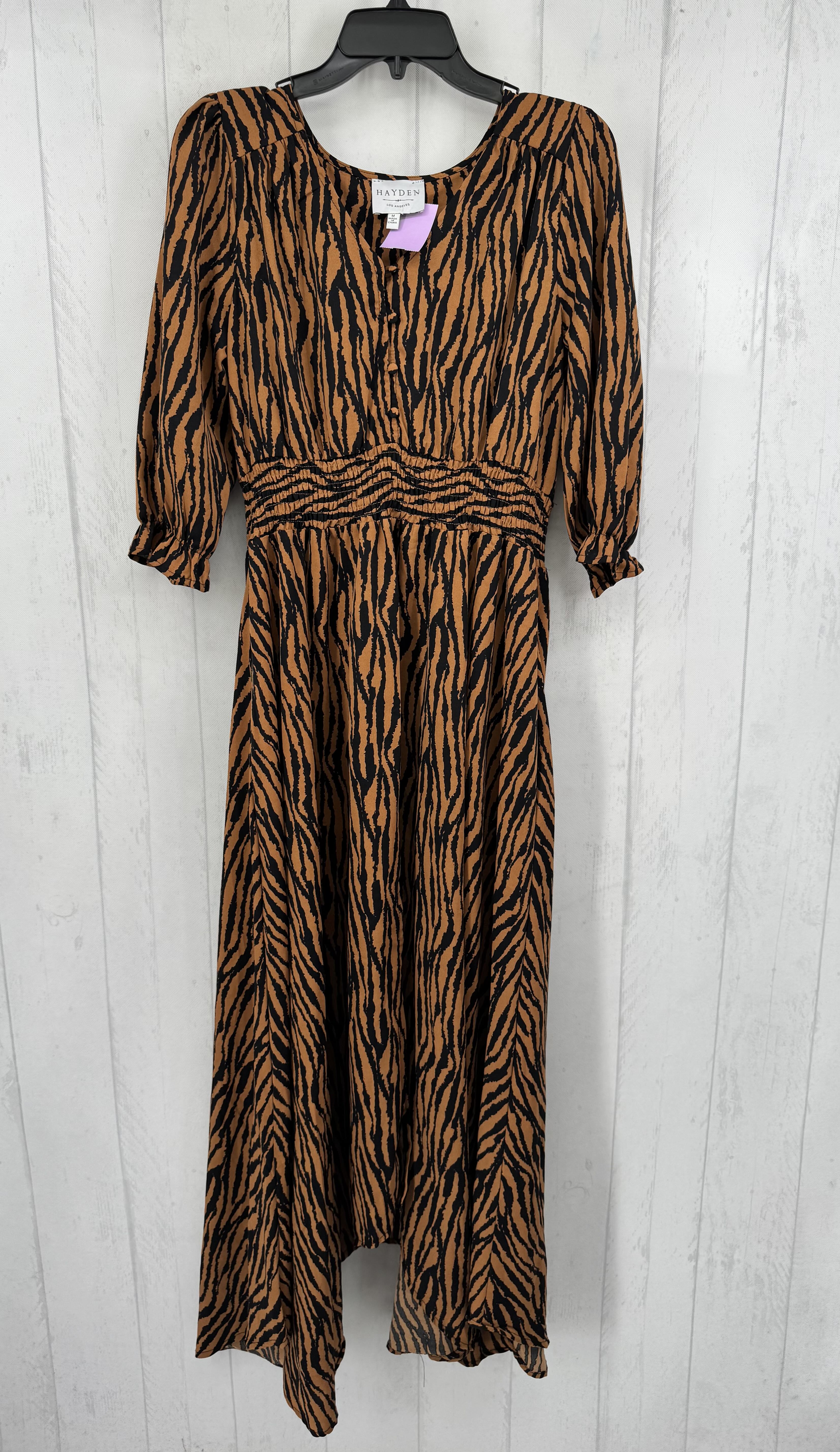 M elbow slv zebra print smocked maxi dress